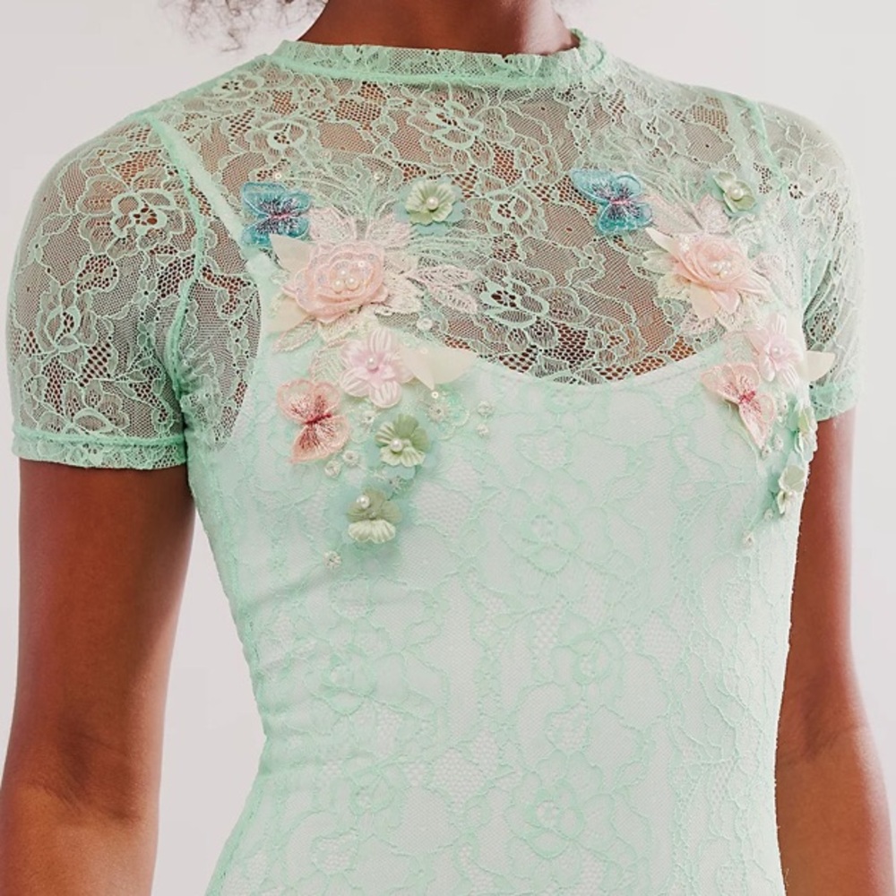 Free People Lace Applique Maxi Dress, mint green,floral design,Large, New - Picture 2 of 14